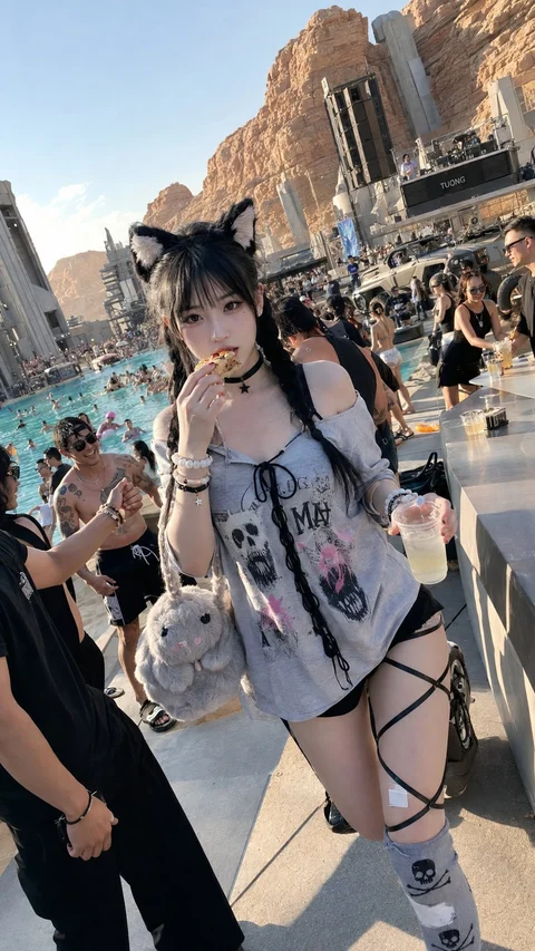 A person in a gray-and-white costume with dark animal ears stands among people in an outdoor plaza.