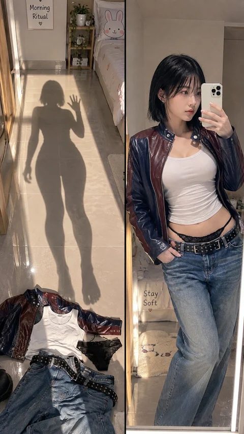 A person in a striped jacket, white cropped top and jeans takes a mirror portrait in a bright room.