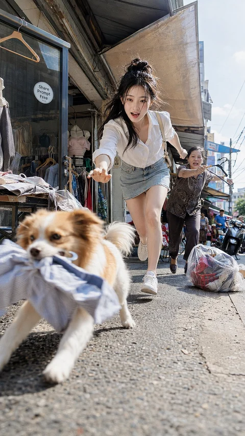 A small dog carries fabric in its mouth while a person reaches after it along a shop-lined sidewalk.