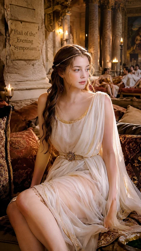 A person sits in a pale flowing gown amid warm lights and dining tables in a richly decorated room.