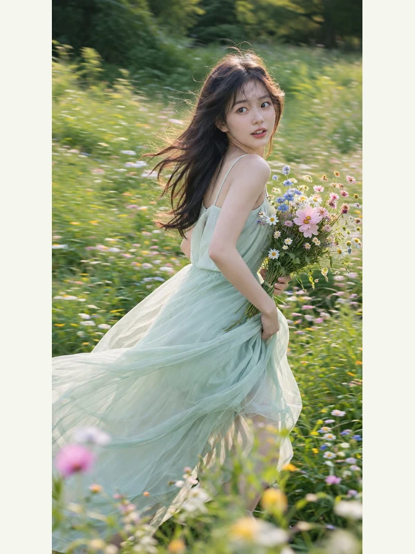 Woman in a mint summer dress walking through a flower meadow