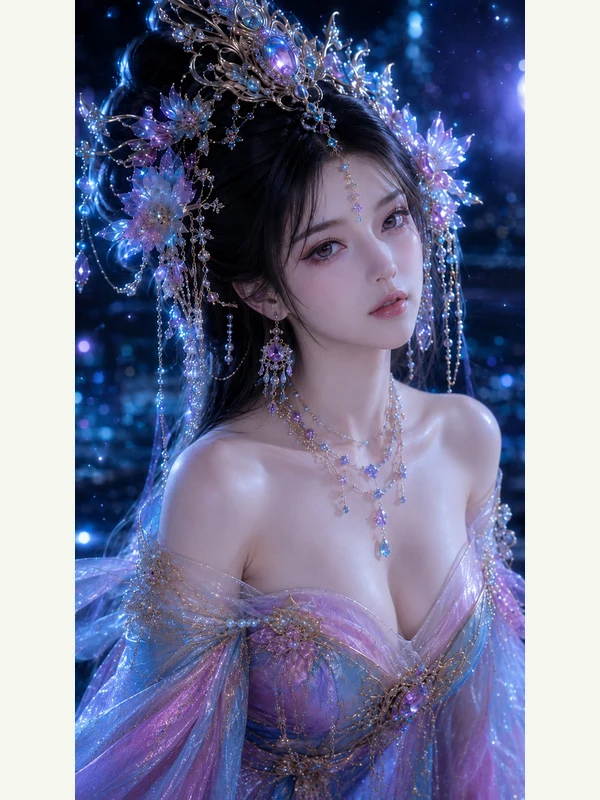 Adult fantasy portrait with a jeweled blue-purple crown