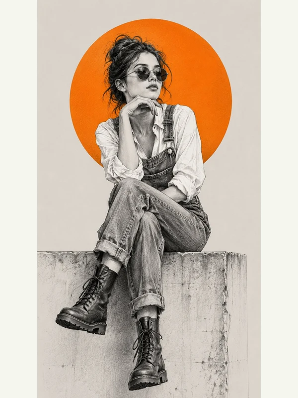 Pencil fashion illustration in denim overalls with an orange circle