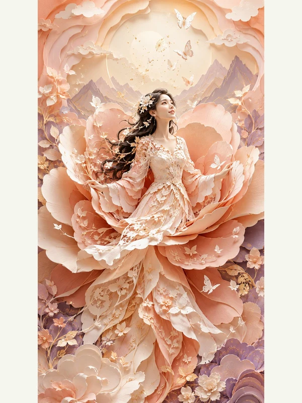 Adult woman in a cream paper gown amid sculpted flowers