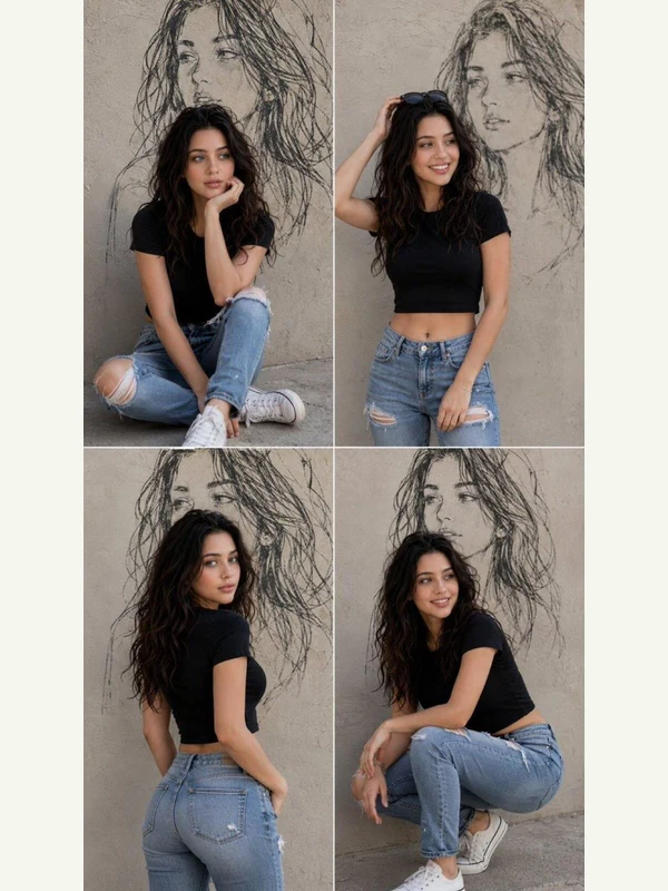 Four-pose black-shirt editorial with a sketched portrait