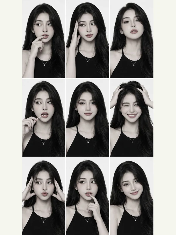 Nine-expression monochrome portrait study