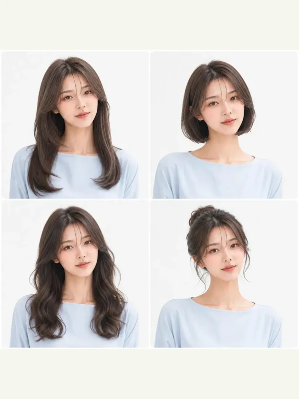Four-hairstyle reference sheet in a pale blue top