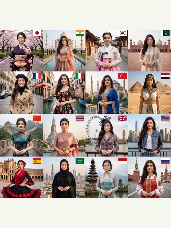 Sixteen cultural-fashion interpretations of one adult portrait