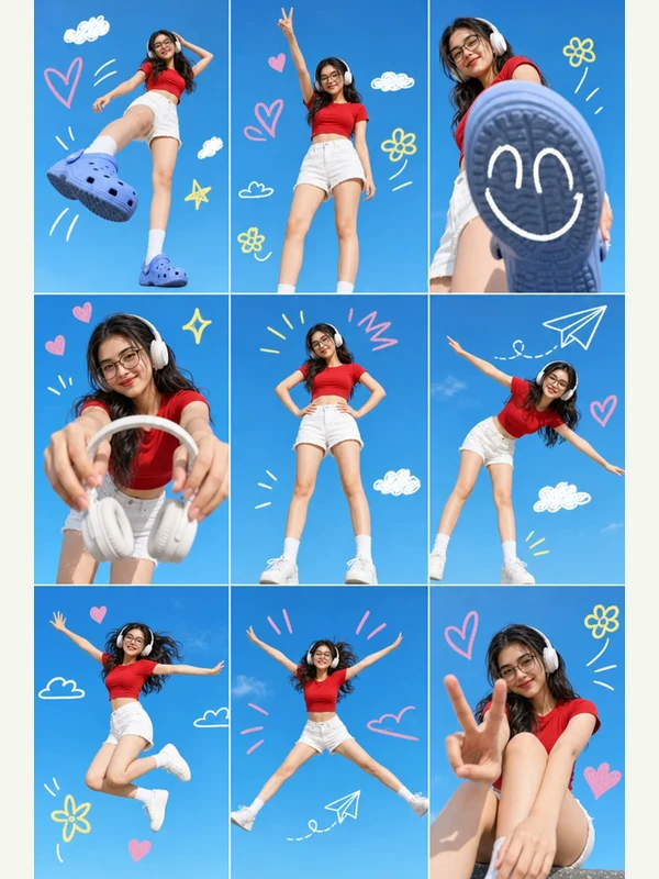 Nine-pose sporty fashion collage against a blue sky
